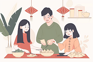 端午包粽子糯米习俗插画