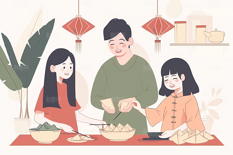 端午包粽子糯米习俗插画