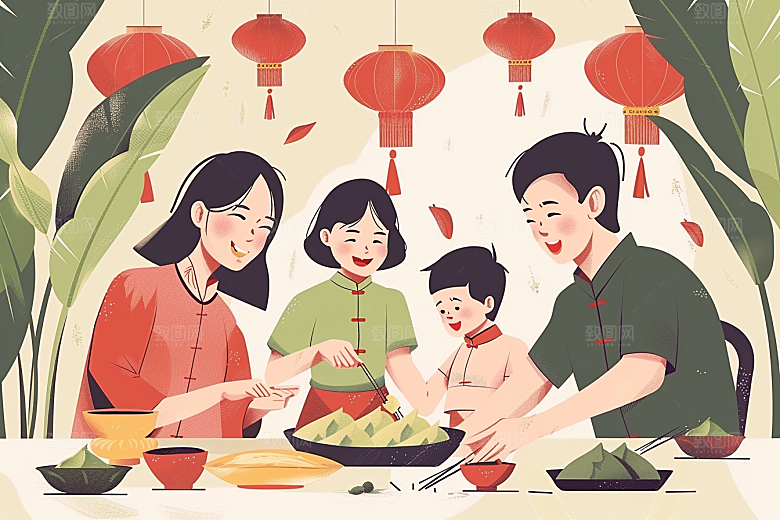 端午包粽子粽叶美食插画