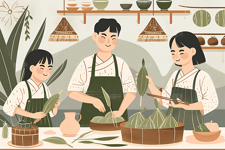 端午包粽子幸福美食插画