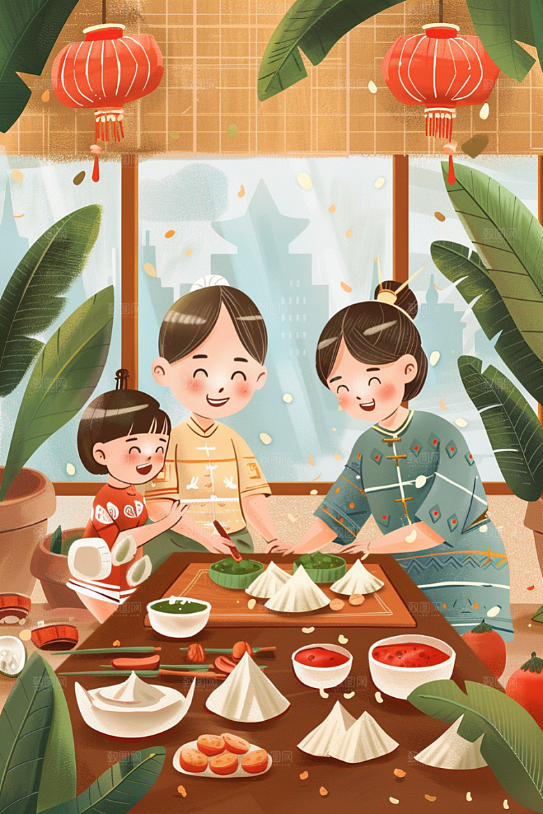 端午包粽子端午节糯米插画