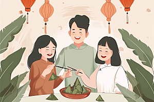 端午包粽子节日手绘插画