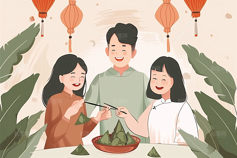 端午包粽子节日手绘插画