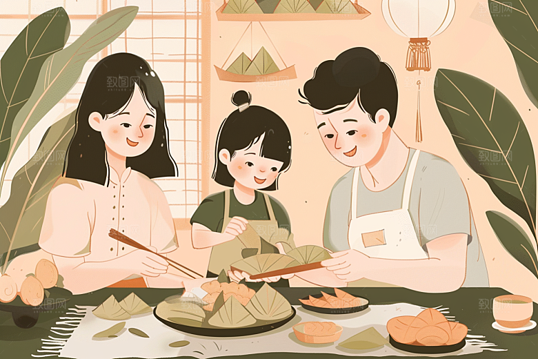 端午包粽子习俗端午节插画