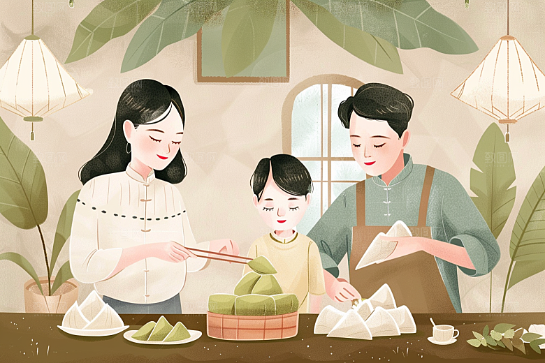 端午包粽子传统文化阖家团聚插画