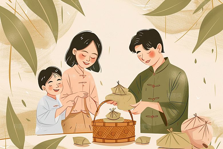 端午包粽子习俗阖家团聚插画