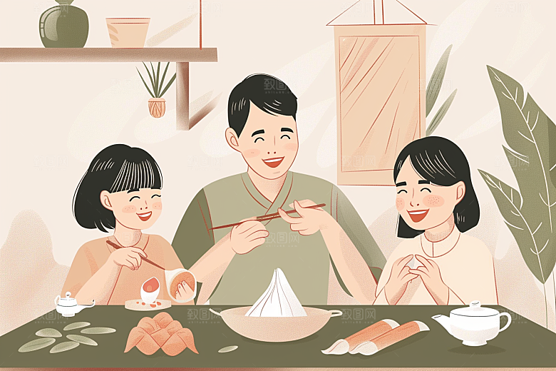 端午包粽子端午节阖家团聚插画