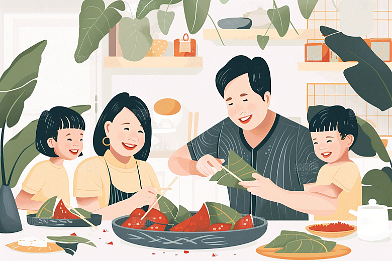 端午包粽子糯米小吃插画