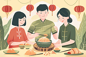 端午包粽子节日氛围温馨插画