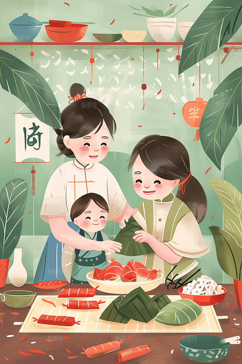 端午包粽子习俗糯米插画