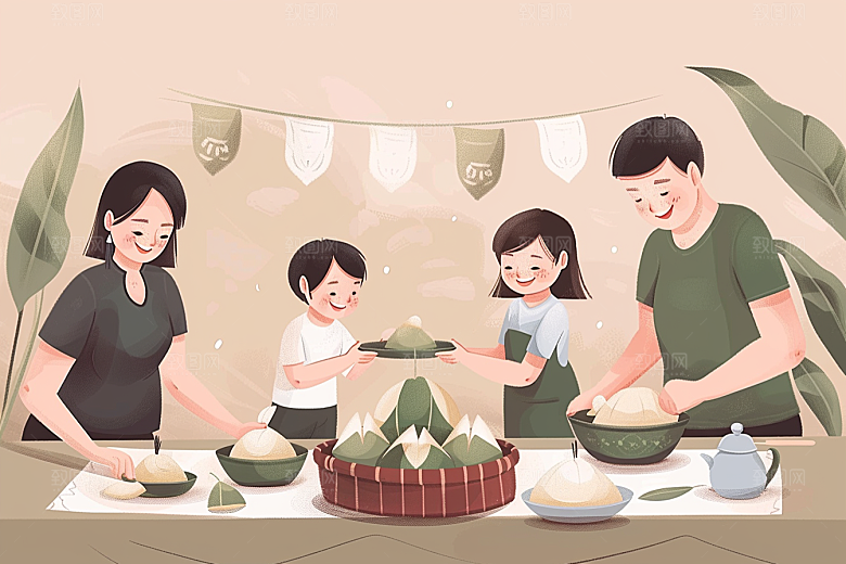 端午包粽子节日氛围幸福插画