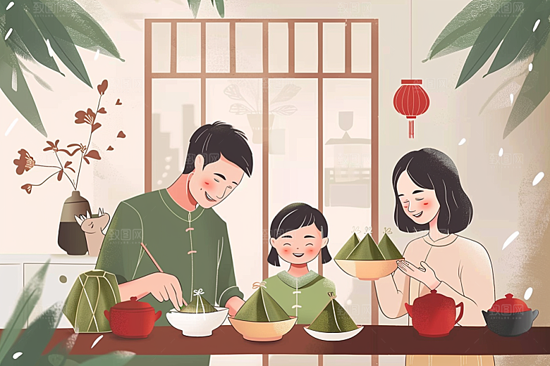 端午包粽子传统文化节日氛围插画