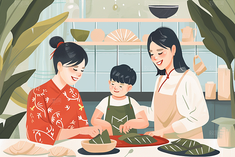 端午包粽子阖家团聚温馨插画