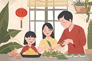 端午包粽子端午节传统文化插画