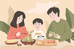 端午包粽子阖家团聚端午节插画
