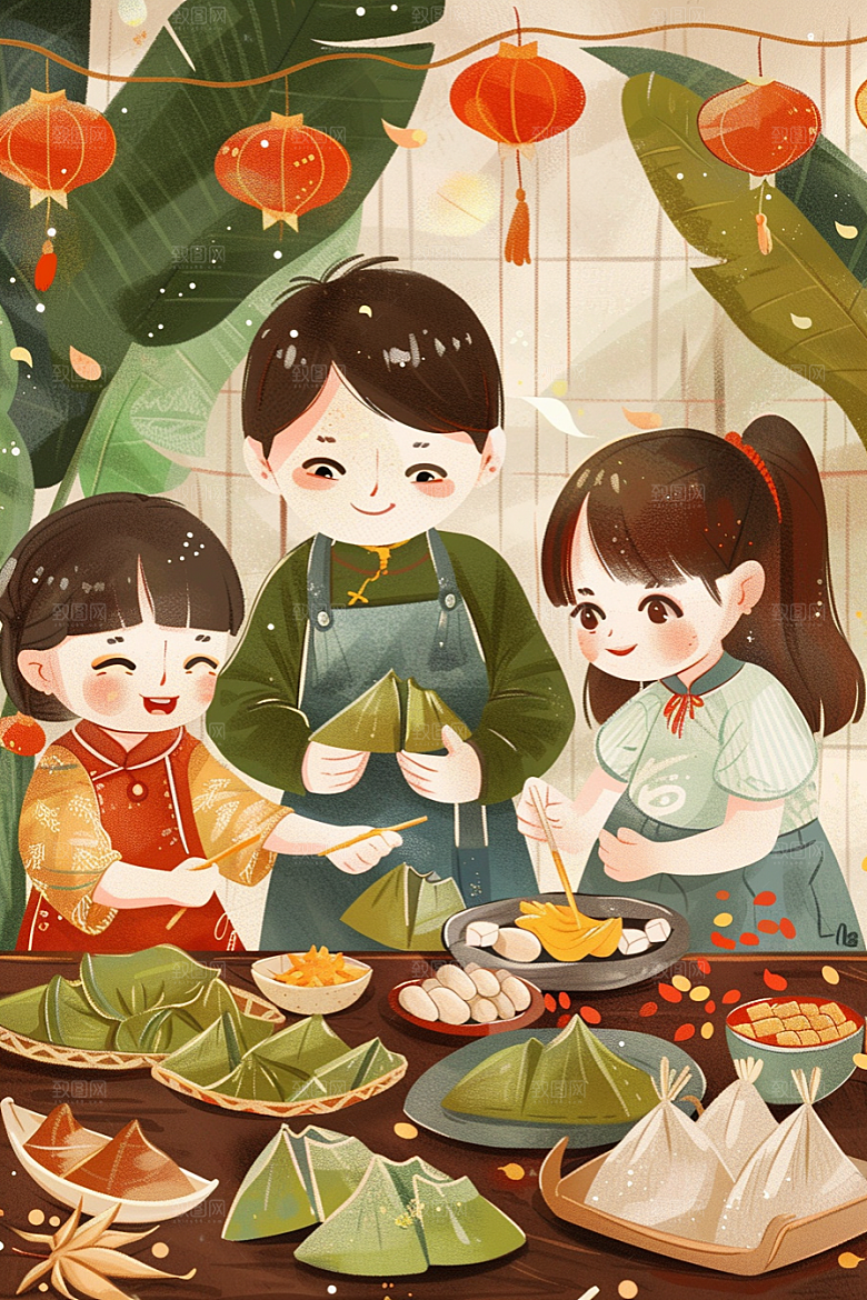 端午包粽子节日美味插画