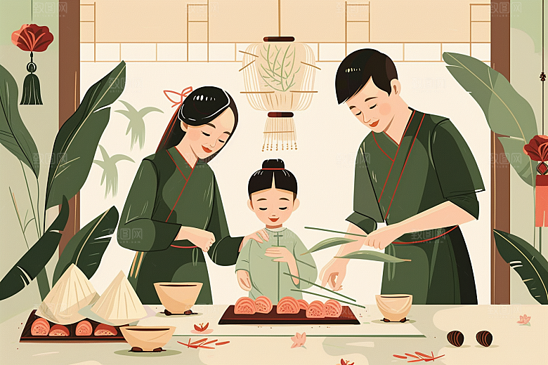 端午包粽子传统文化美食插画