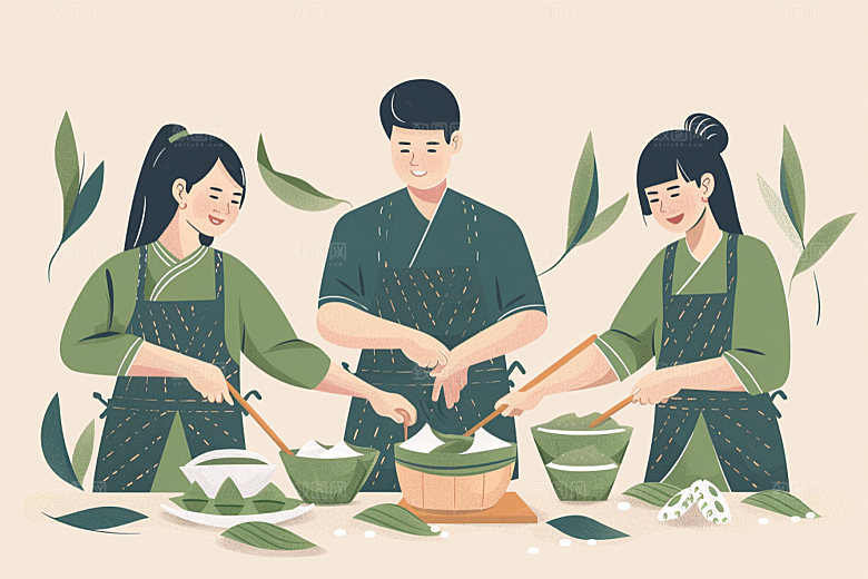 端午包粽子美食节日氛围插画