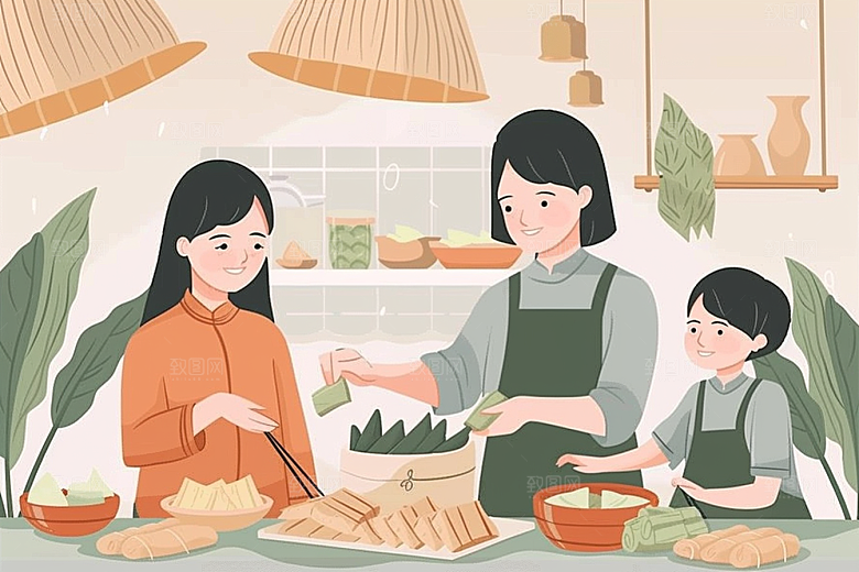 端午包粽子小吃粽叶插画