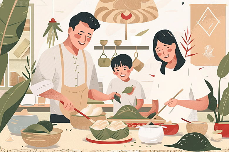 端午包粽子习俗小吃插画