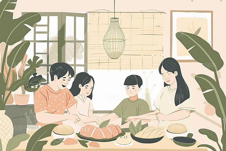 端午包粽子幸福习俗插画