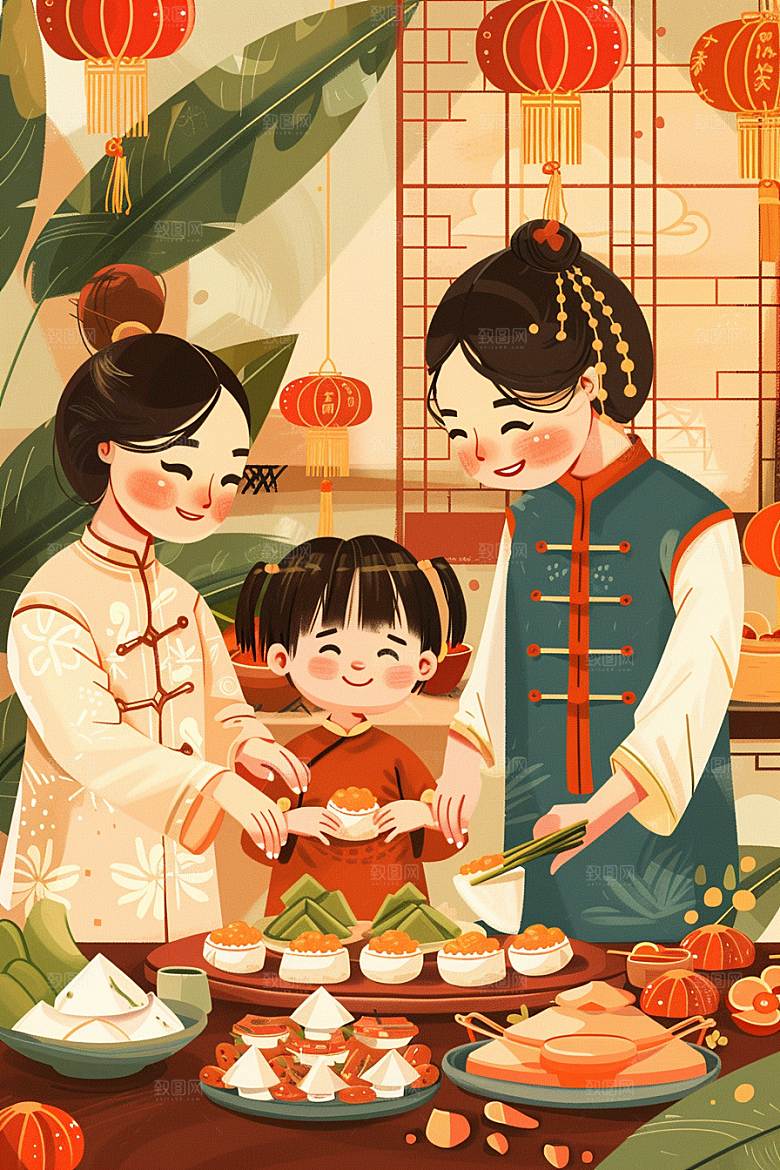 端午包粽子美食阖家团聚插画