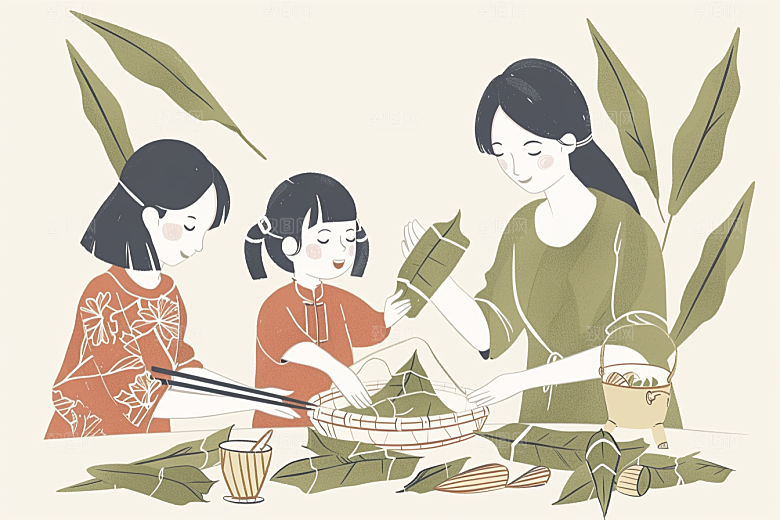 端午包粽子习俗幸福插画