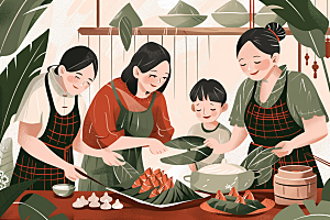 端午包粽子高清节日插画