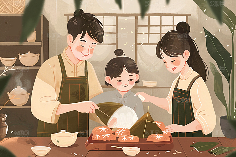 端午包粽子节日手绘插画