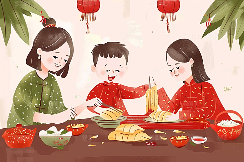 端午包粽子习俗小吃插画