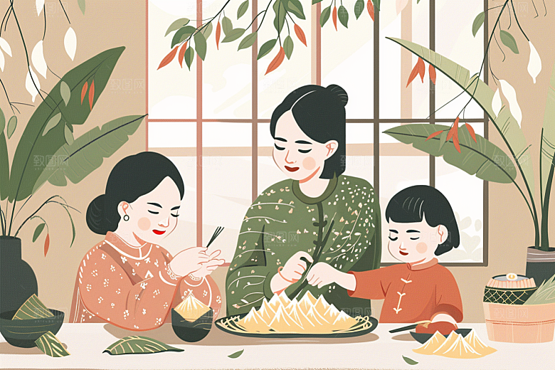 端午包粽子节日氛围小吃插画