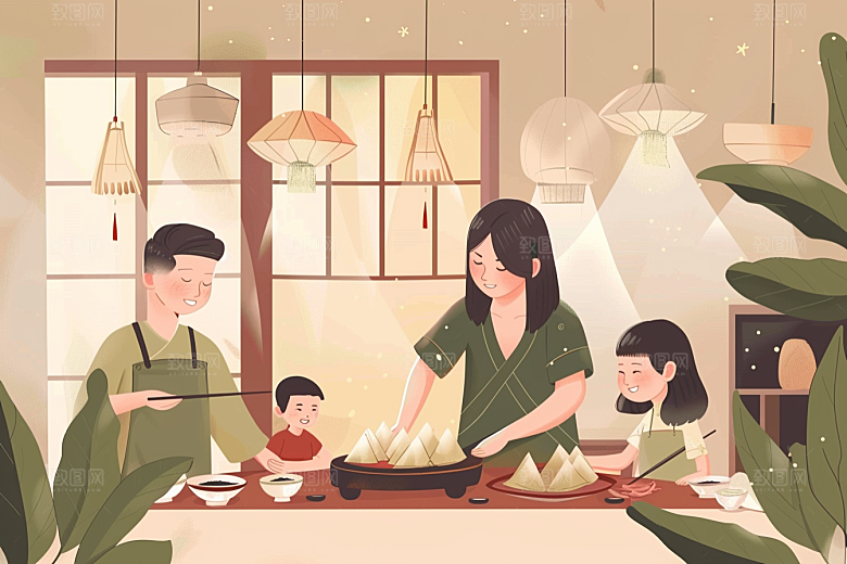 端午包粽子糯米温馨插画