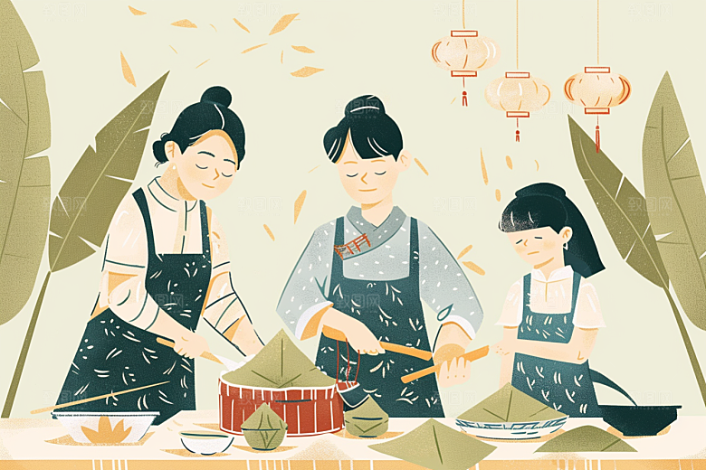 端午包粽子美食粽叶插画
