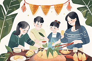 端午包粽子阖家团聚节日插画