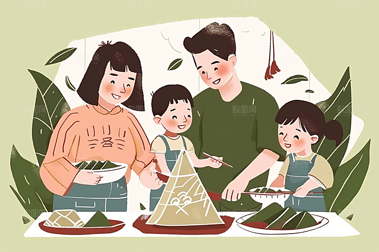 端午包粽子小吃手绘插画