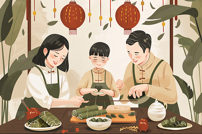端午包粽子温馨美味插画