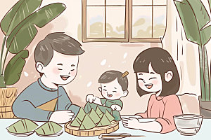端午包粽子阖家团聚传统文化插画