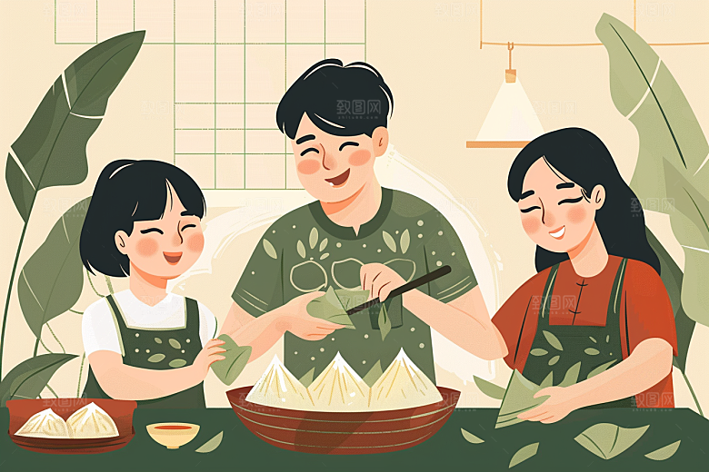 端午包粽子端午节粽叶插画