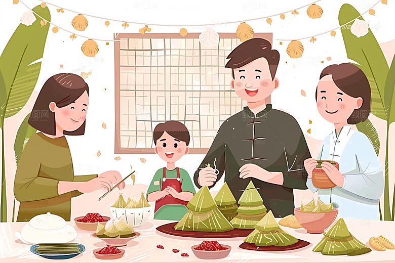 端午包粽子习俗端午节插画