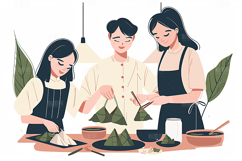 端午包粽子高清小吃插画