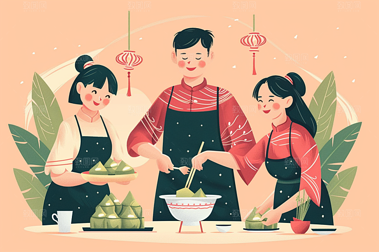 端午包粽子高清节日插画