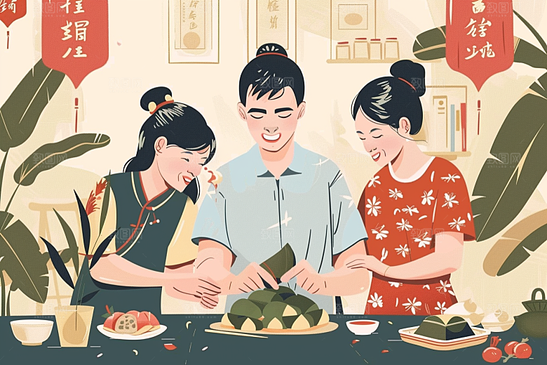 端午包粽子节日氛围糯米插画