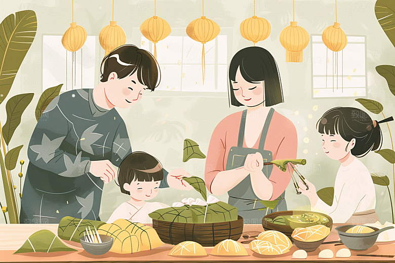 端午包粽子糯米节日插画