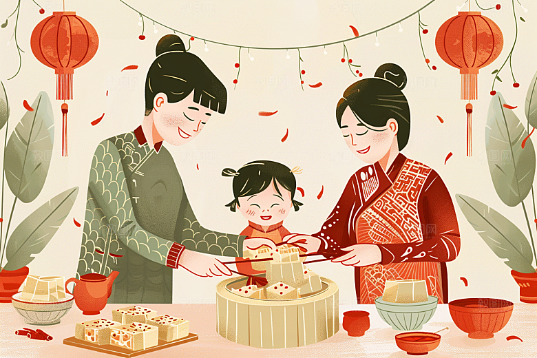 端午包粽子阖家团聚传统文化插画