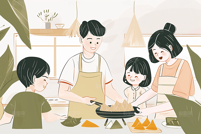 端午包粽子手绘温馨插画
