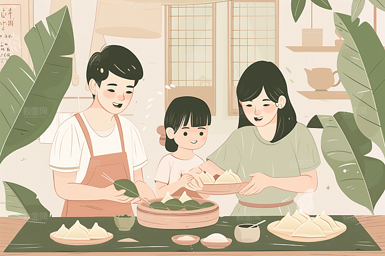 端午包粽子幸福端午节插画