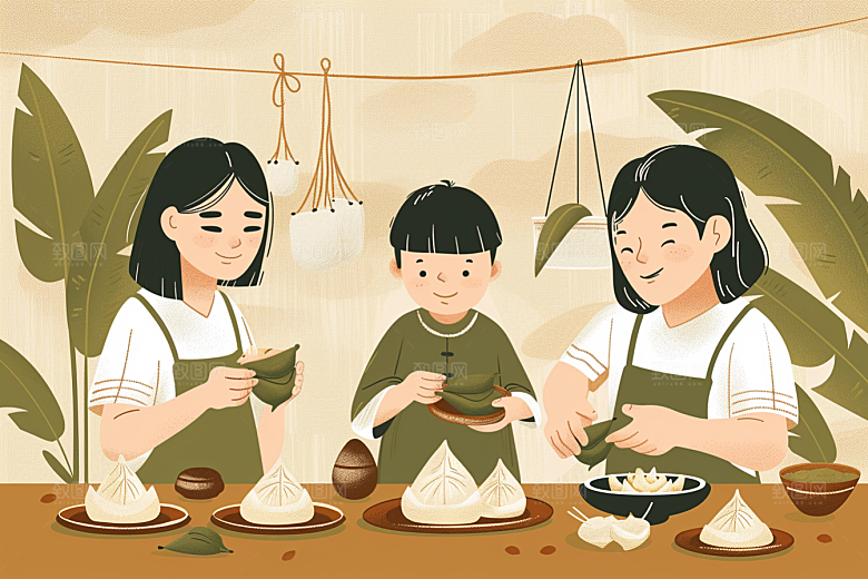 端午包粽子温馨节日插画