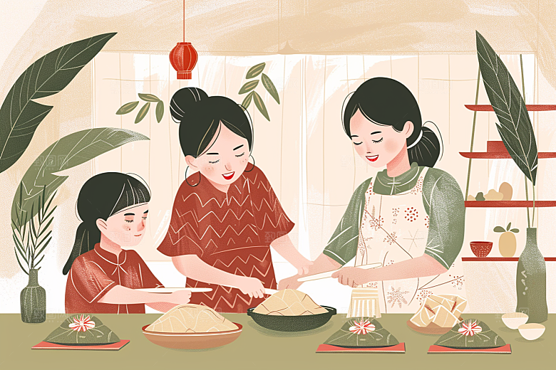 端午包粽子温馨端午节插画