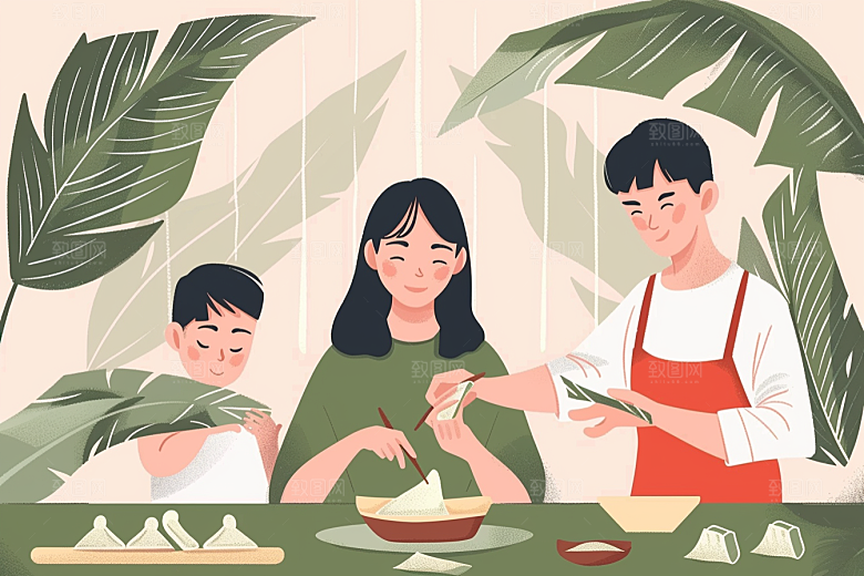 端午包粽子美食手绘插画