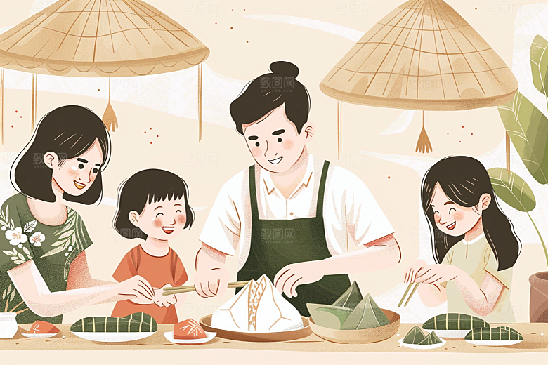端午包粽子幸福小吃插画